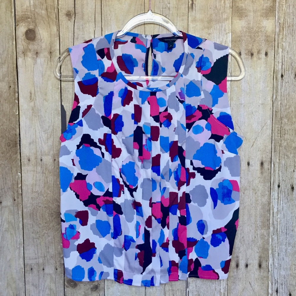 Banana Republic Pink Blue Multicolor Abstract Print Pleated Sleeveless Blouse